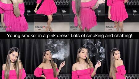 Young spoiled smoker talking about her night out while she smokes in her pink dress