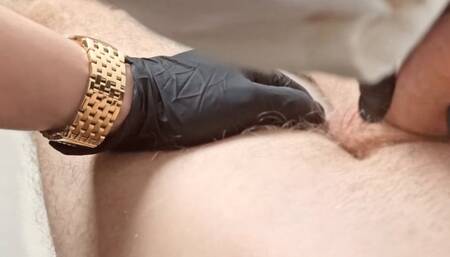 Handjob with black gloves by sensual Doctor wearing golden Michael Kors wirstwatch - short version