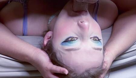 INTENSE Head Hanging Upside Down Extreme Facefuck with Russian Whore Staring Intio Camera for Throatpie
