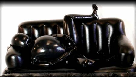 Breath play in inflatable black rubber catsuit and solo masturbation