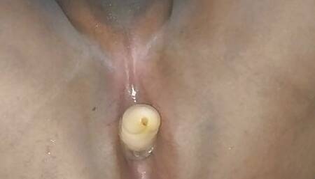 Chub playing with 6.5 inch dilo then pushing out fully inserted 6.5 inch dildo