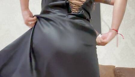 Busty sexy blonde sucking big toy in a sexy black dress