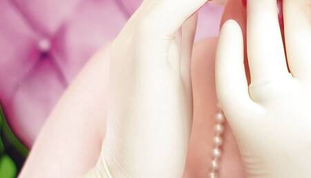 ASMR video: MILF wearing double layer medical gloves and showing braces. 4k video fetish sounding. Arya Grander