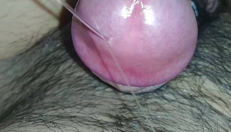 Close up milking precum with cock ring and stretched ball to play with the precum on belly