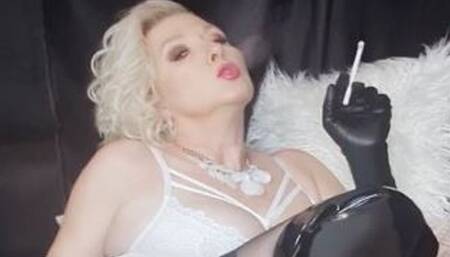 Sexy curvy smoker queen joan shows off her erotic intense smoke of an Eve 120 with black gloves in white lingerie and black vinyl boots Part 1