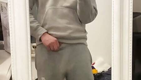 Teen boy play with his soft big dick and hanging eggs