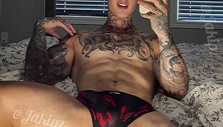 Stroking My Huge Cock In Red And Black Underwear