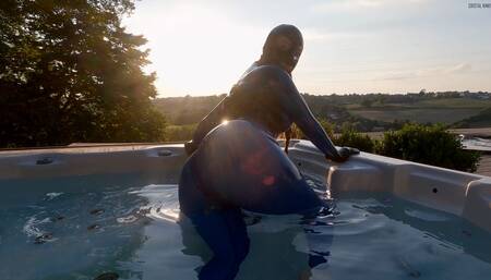 Cristal Kinky in blue latex catsuit POV blowjob outdoors in jacuzzi