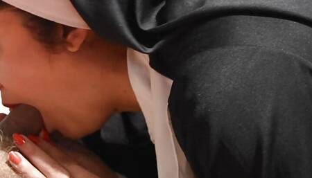 The nun swallows all the cum