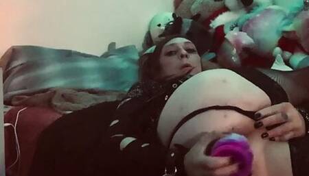 Goth trans girl destroys her ass with huge tentacle dildo