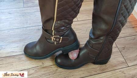 Brown boots shoejob cock trampling