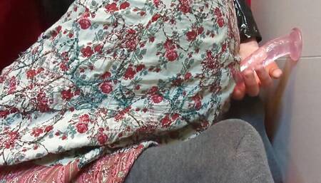 Horny sissy in lingerie over catsuit awkwardly toying her tiny hole