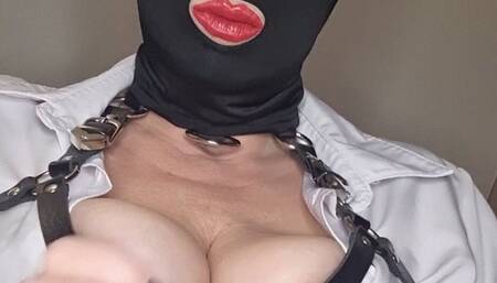Smoking masked mistress sits on her small human ashtray slut and has her swallow ash and spit