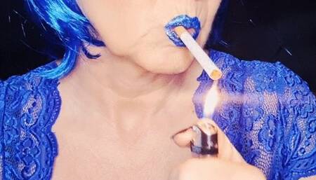 MILF smoking Marlboro Menthol 100 with sexy mystic blue lips and blue wig