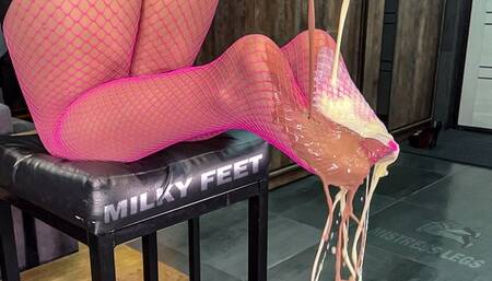 Milk Pouring On My Sexy Nylon Feet In The Pink Fishnets