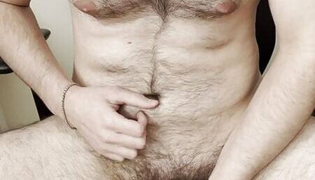 Hairy cock cums a load in my hand and show it to the camera