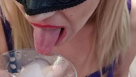 Sexy MILF blowjob. Drinks sperm from a glass.