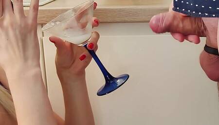 Sexy MILF blowjob. Drinks sperm from a glass. Version 2