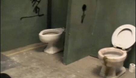 Slut MILF gets her pussy licked and nailed by mature bald dude in the public washroom