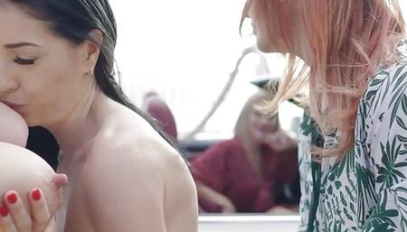 Mothers sharing young girl at lesbian outdoor foursome