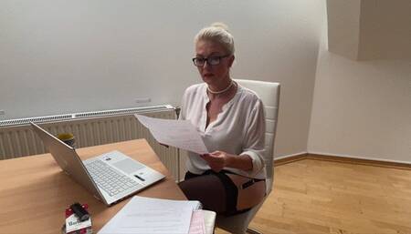 Tuff sexy smoking secretary in garter belt, stocking and black High heels