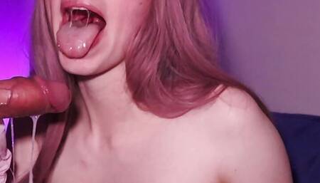 Sweet babygirl makes a deep throat, after which the whole mouth is filled with sperm