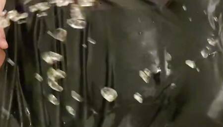 Pissing messy shemale transgirl wetting black satin shiny dress pee