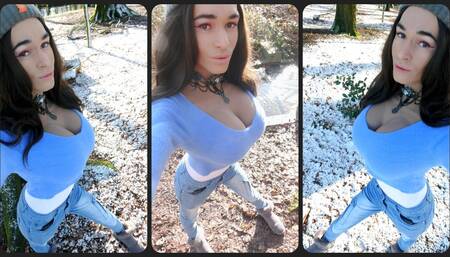 Cute crossdresser cold winter walk in nature