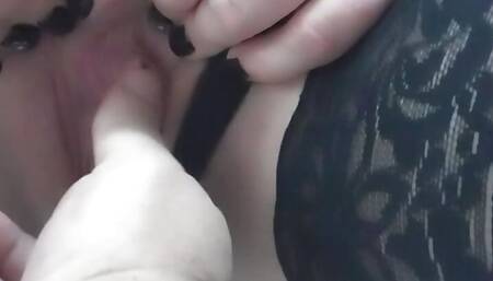 MILF in black nylon stockings masturbating