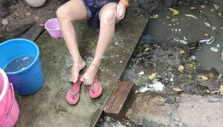 Indian wife bathing outside with boobs Indian