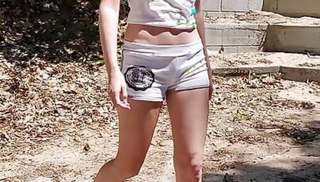 Just having some fun while hiking and flashing pussy and tits
