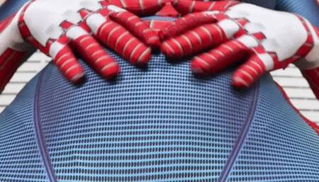 Silicone Doll in Spiderman Zentai with Pussy Cameltoe Vibrates in Suit