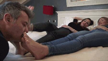 GABRIELLA & SCARLET - Lick our sweaty feet, slave! - Foot worship, toe sucking, foot gagging