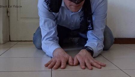 Hands trampling wearing boots with Ambra (close up view)