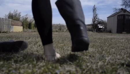 Barefoot in the backyard, watch from above and below, playing in the grass, milf feet, foot fetish