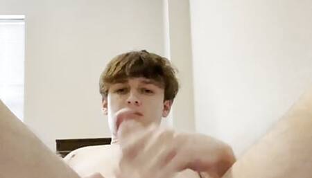 Bored twink jerks cock and cums