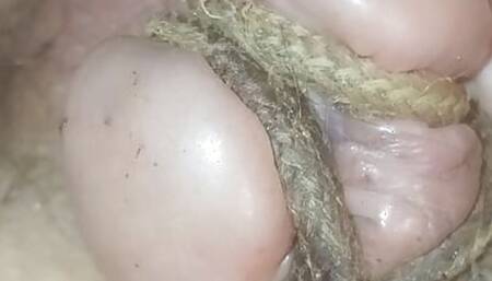 Tied up split cock head loves pain