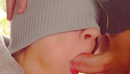 The wife met her husband with a passionate deepthroat blowjob he finished on her face and mouth