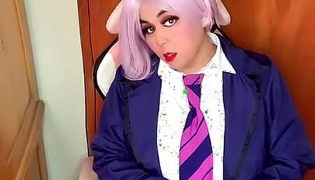 Cute chubby cosplay trans masturbating until peeing
