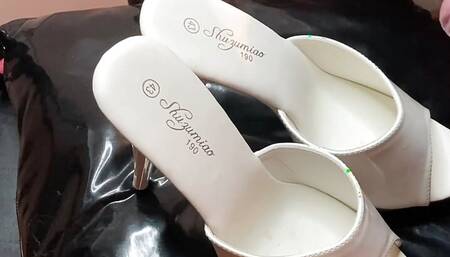 Cum on White High Heel Mules