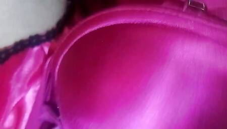 Leatransteen cum on shiny purple satin bra