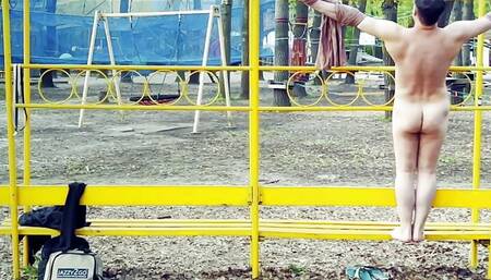 Self crucified suspended naked in public park