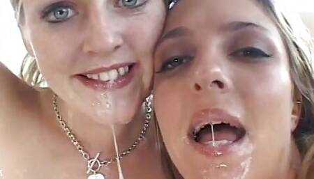Blonde and brunette honeys get fucked by three studs and swallow cumload