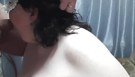 chubby MILF with huge boobies gives heads and takes a mouth full of cum