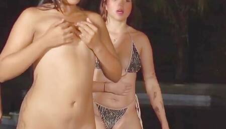 latina brunettes dance and rub each other's pussies by the pool GGmansion