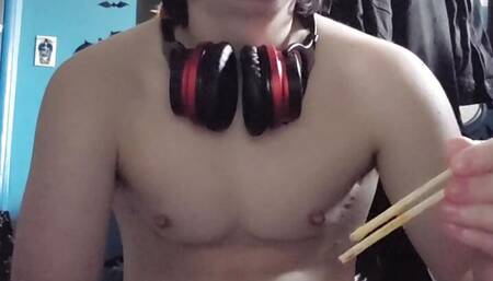 Chubby Tranny Eating Sushi