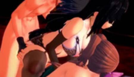 Aerith and some guys get a sucking and fucking sex party going at Tifa's bar