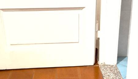 Dasha is cleaning dirty floor on her hands and on her keens she is wearing a pair of black stiletto sandals, a sexy mini dress and a thong