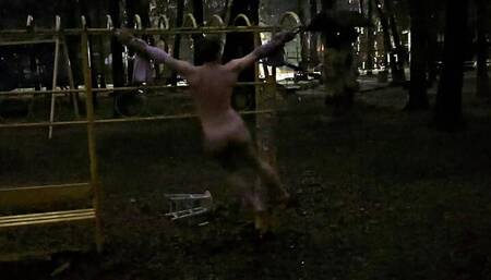 Preparation for long crucifixion by night naked in public park