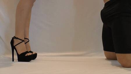 Ballbusting Kicks in Black Strappy Platform High Heels